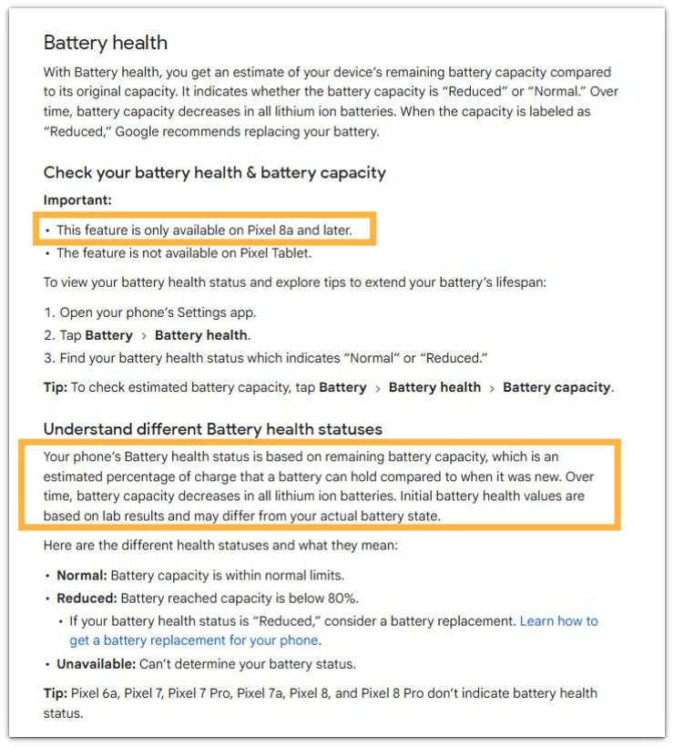 official pixel help page explaining initial battery health values and actual battery state