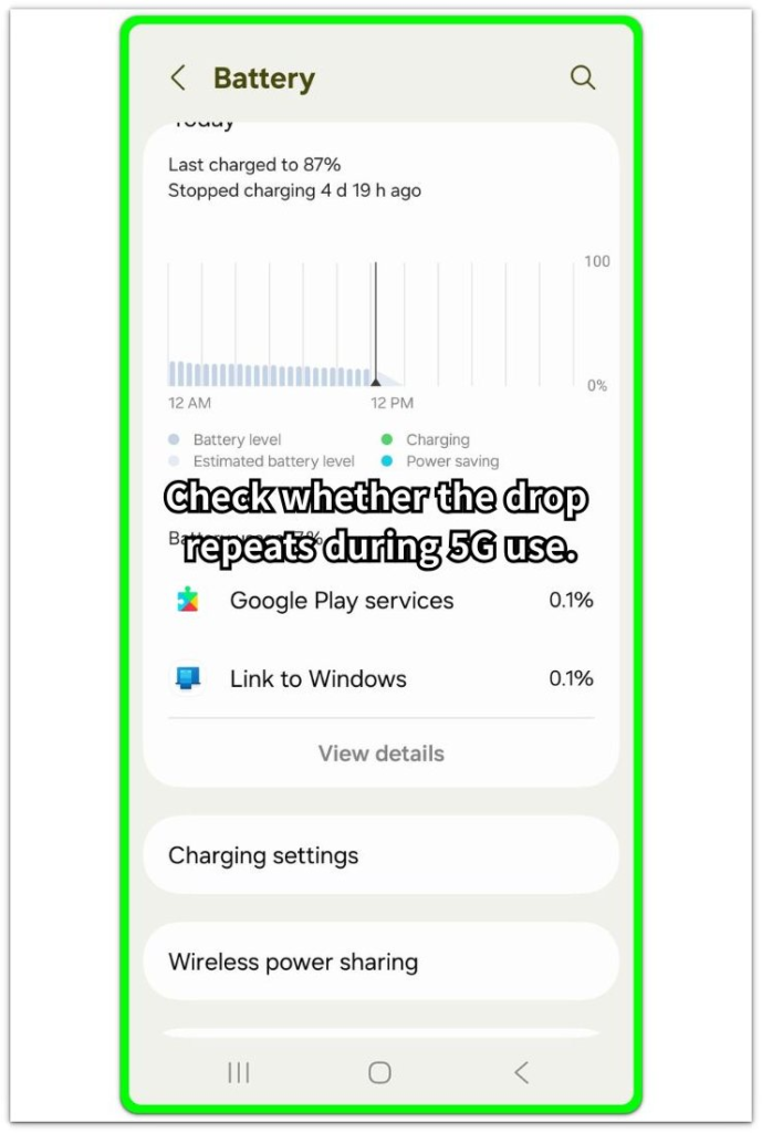 android 5g battery drain battery usage screen showing repeated drain during 5g use