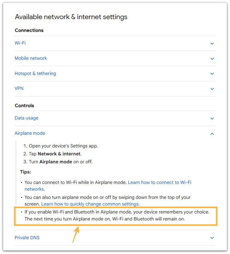 official source for android airplane mode wifi and bluetooth