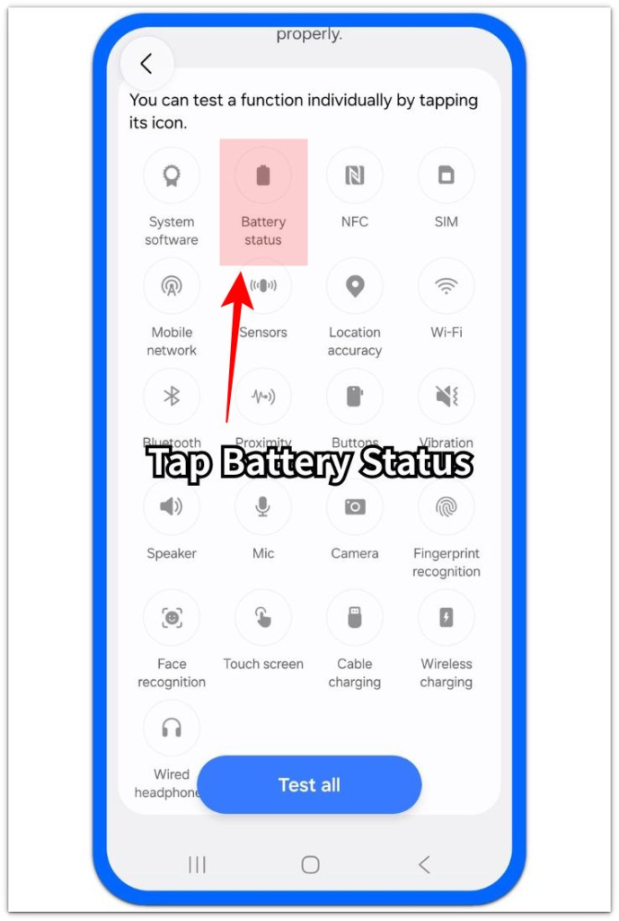 samsung members diagnostics screen showing battery status