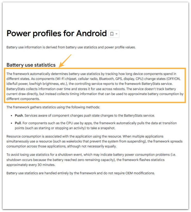 android power profiles documentation showing battery use statistics for cellular radio and gps