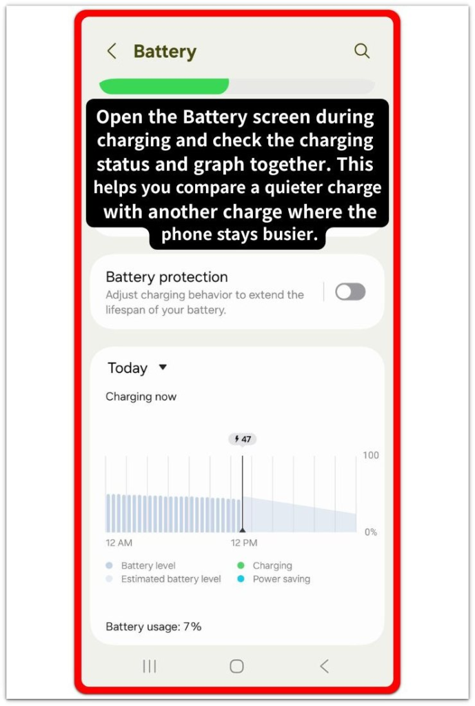 android battery screen showing charging status and battery graph during charging