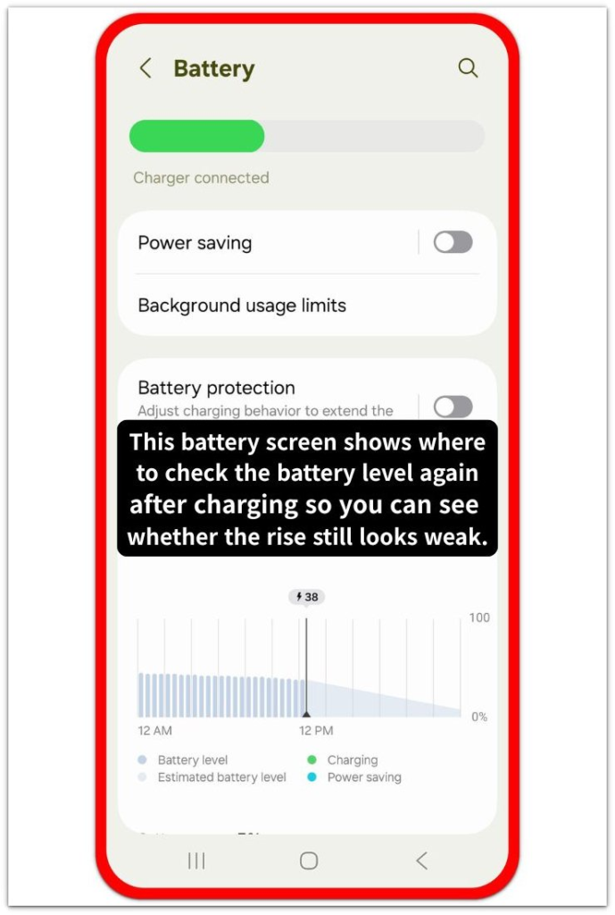 android battery screen showing where to check the battery level again after charging