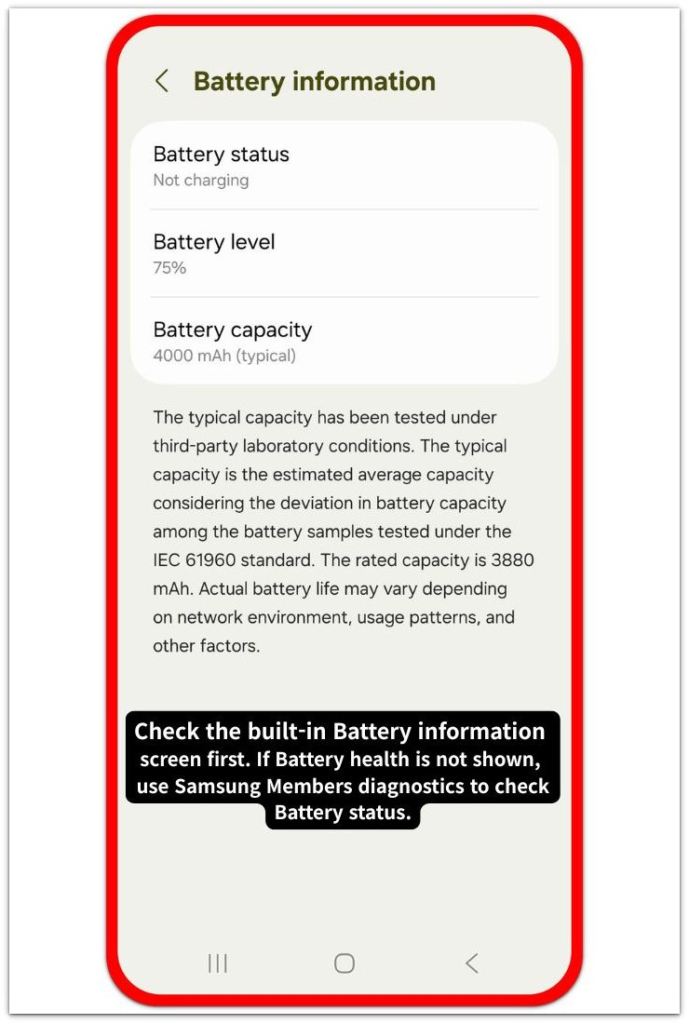 android battery health galaxy battery information and samsung members battery status check