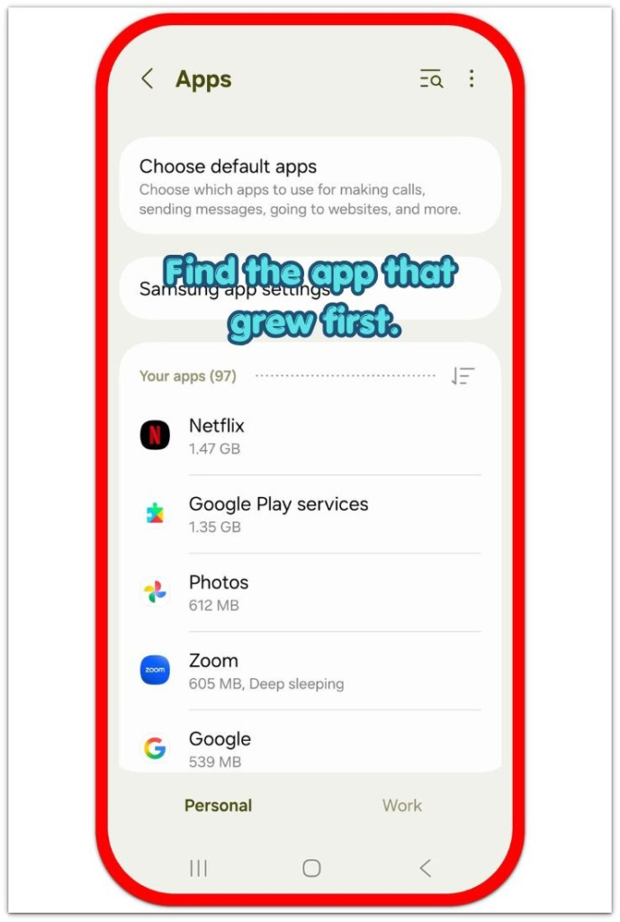 android apps list showing storage size