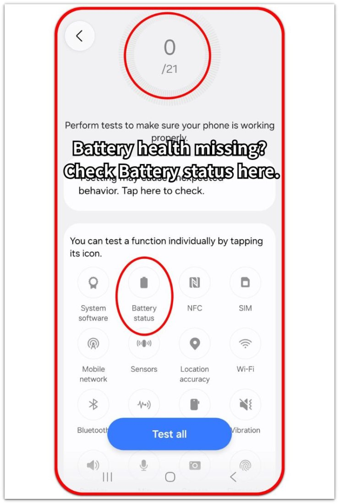 battery status option shown in samsung members diagnostics when battery health menu is missing
