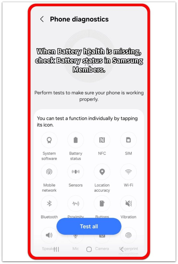 samsung members phone diagnostics screen showing where to check battery status when battery health is missing