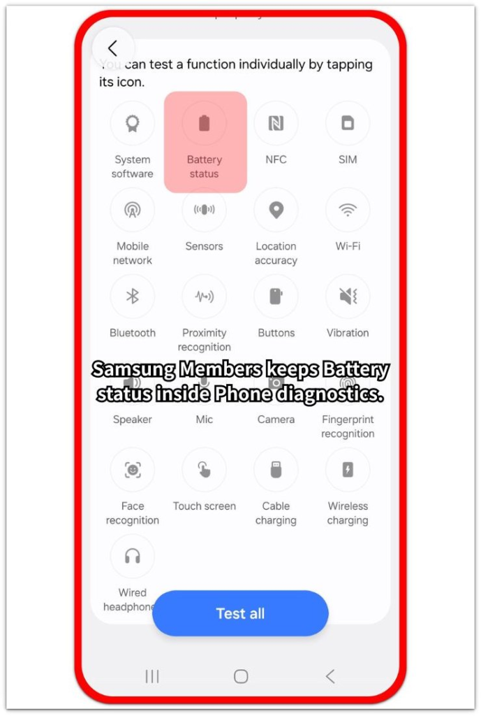 samsung members battery status option inside phone diagnostics