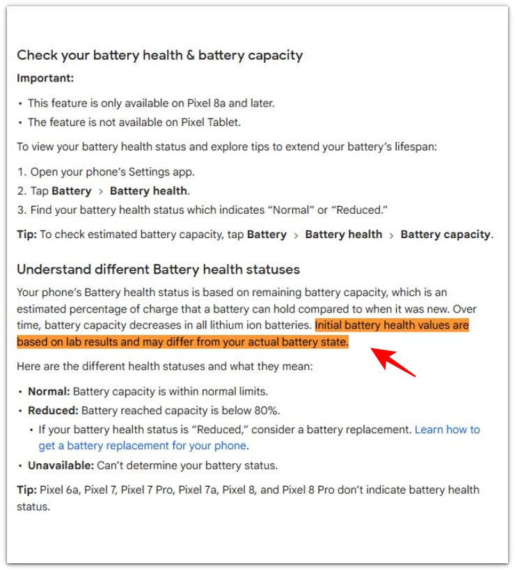 screenshot of google battery health guidance highlighting that lab results may differ from the actual battery state