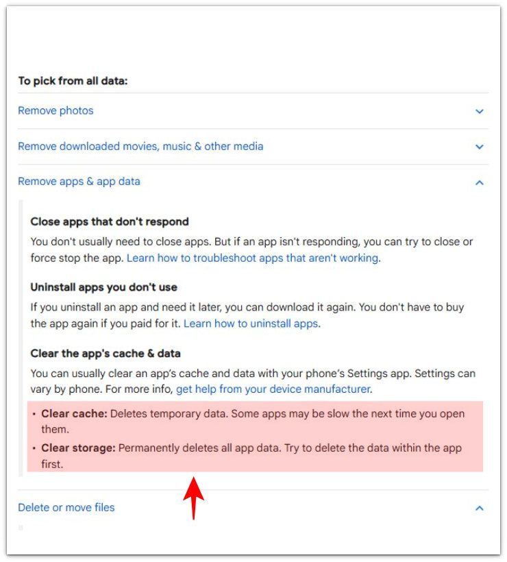 android app cache and data google help official source