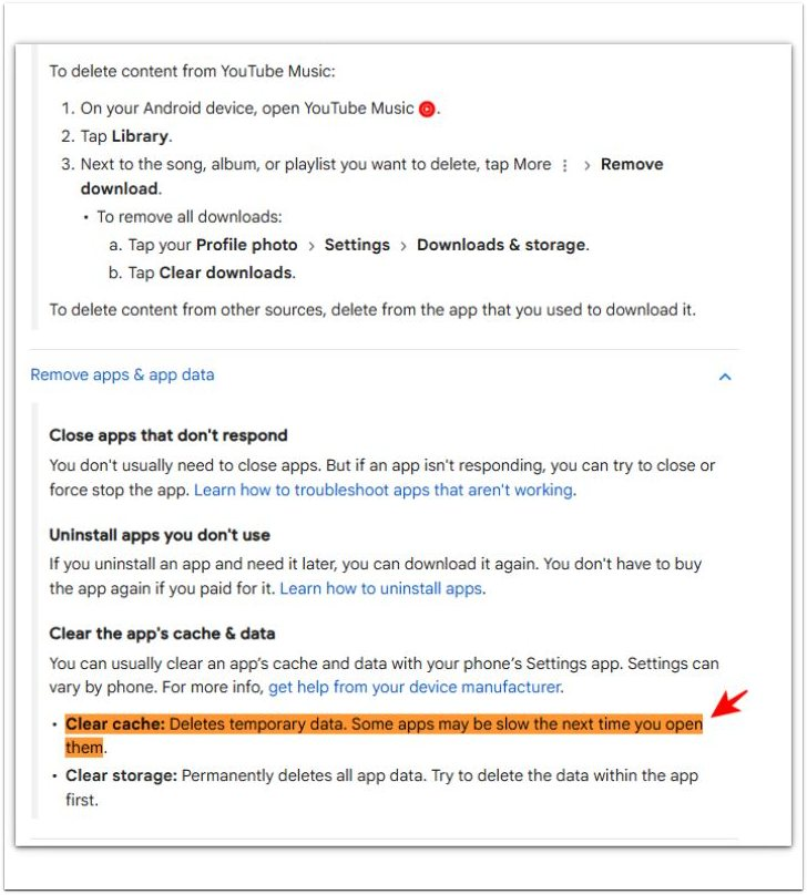 google android help showing clear cache deletes temporary data
