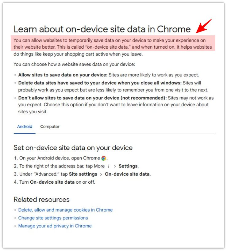 chrome on-device site data settings in google help