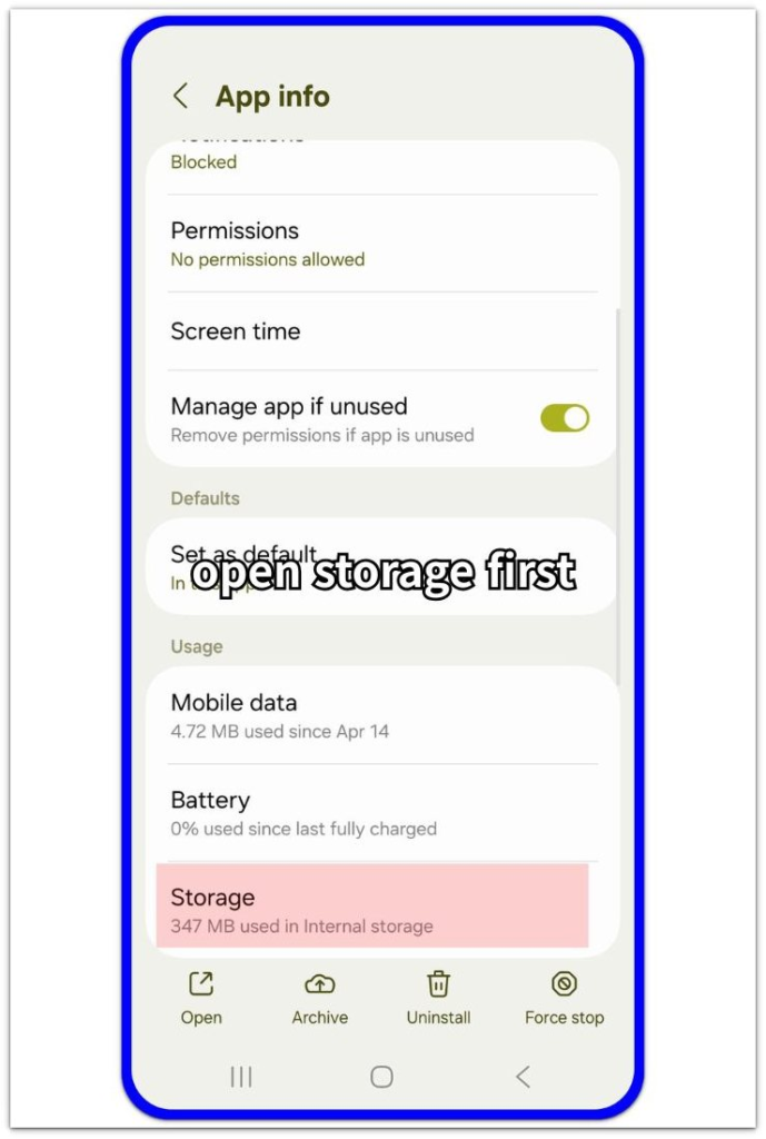 social media apps taking up storage on android app info storage option