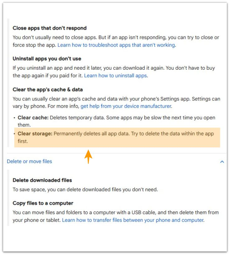 google android help clear cache and app storage