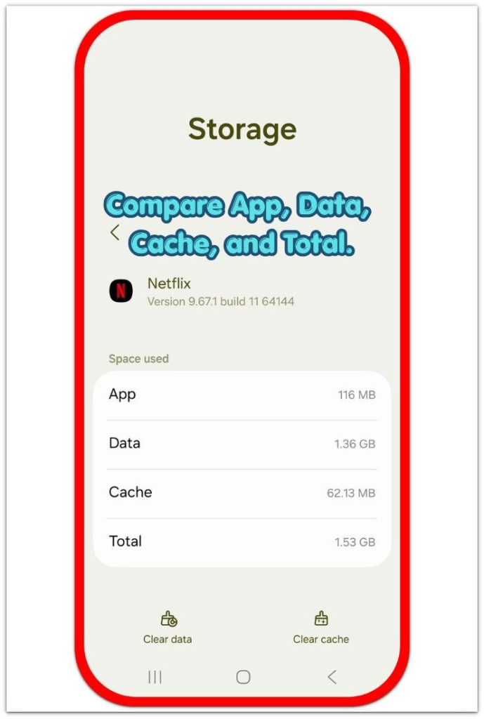 android app storage screen showing app data cache and total size