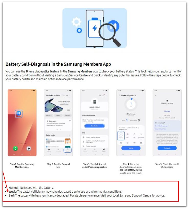 samsung members battery status weak result in official samsung battery self diagnosis page