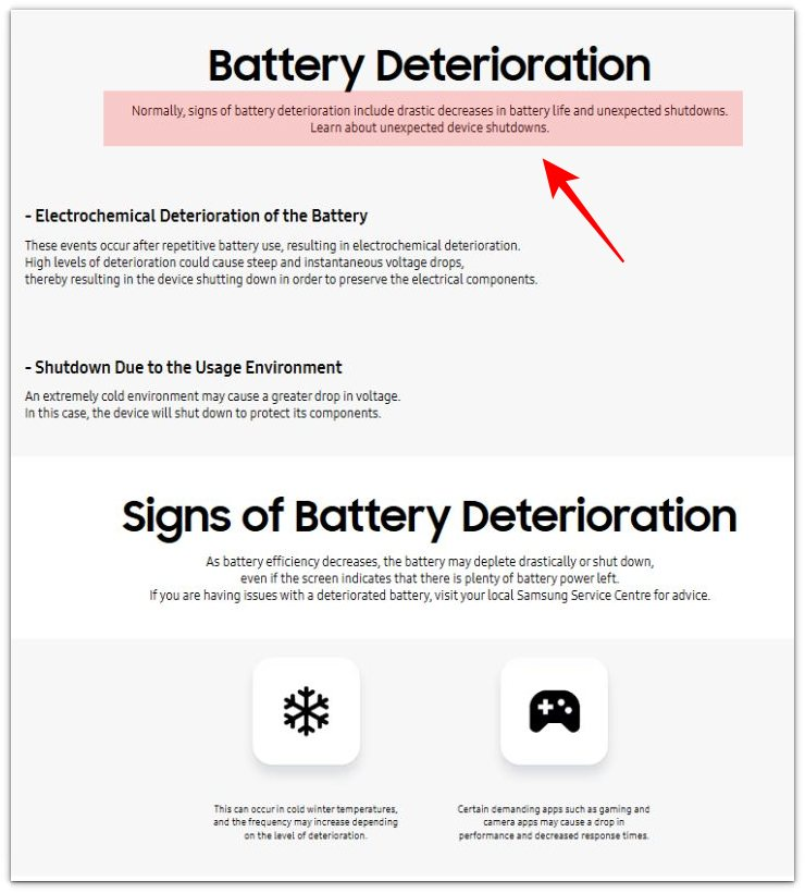 Samsung battery deterioration official guidance showing major battery life drops and unexpected shutdowns