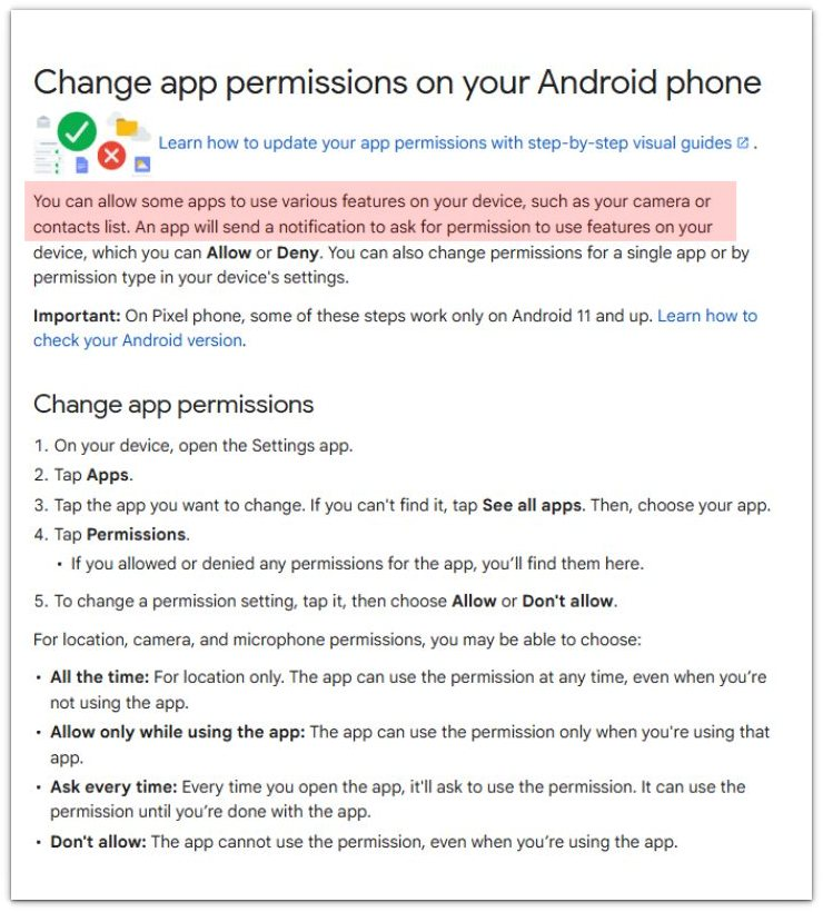 android app permissions official source with contacts list highlighted