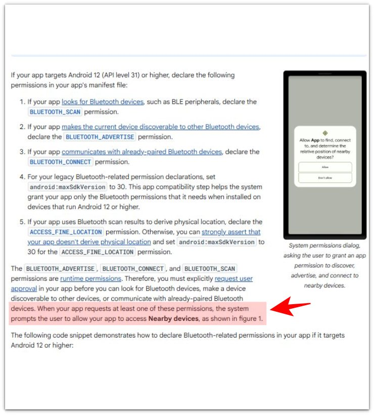 android developers page showing the nearby devices permission dialog source with highlighted bluetooth permission text and red arrow