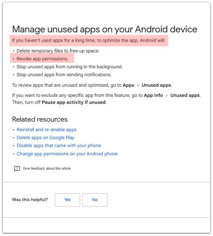 google android help unused app permissions source screenshot
