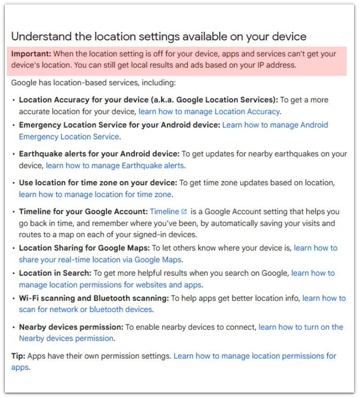 google android help source explaining that apps cannot get device location when location setting is off